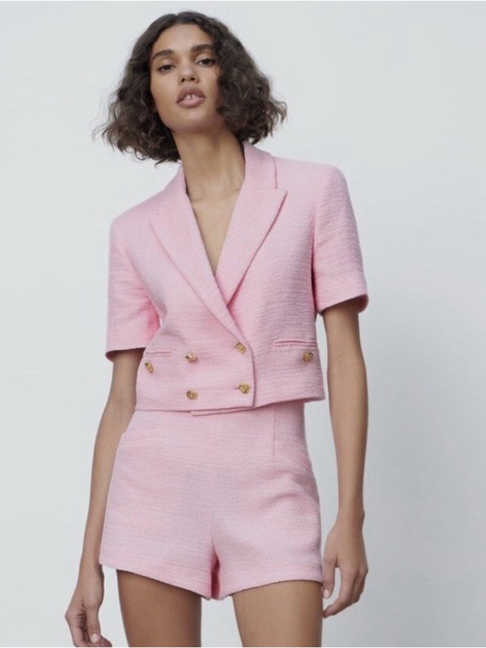 Zara Pink Cropped Double-Breasted Short Sleeve Blazer